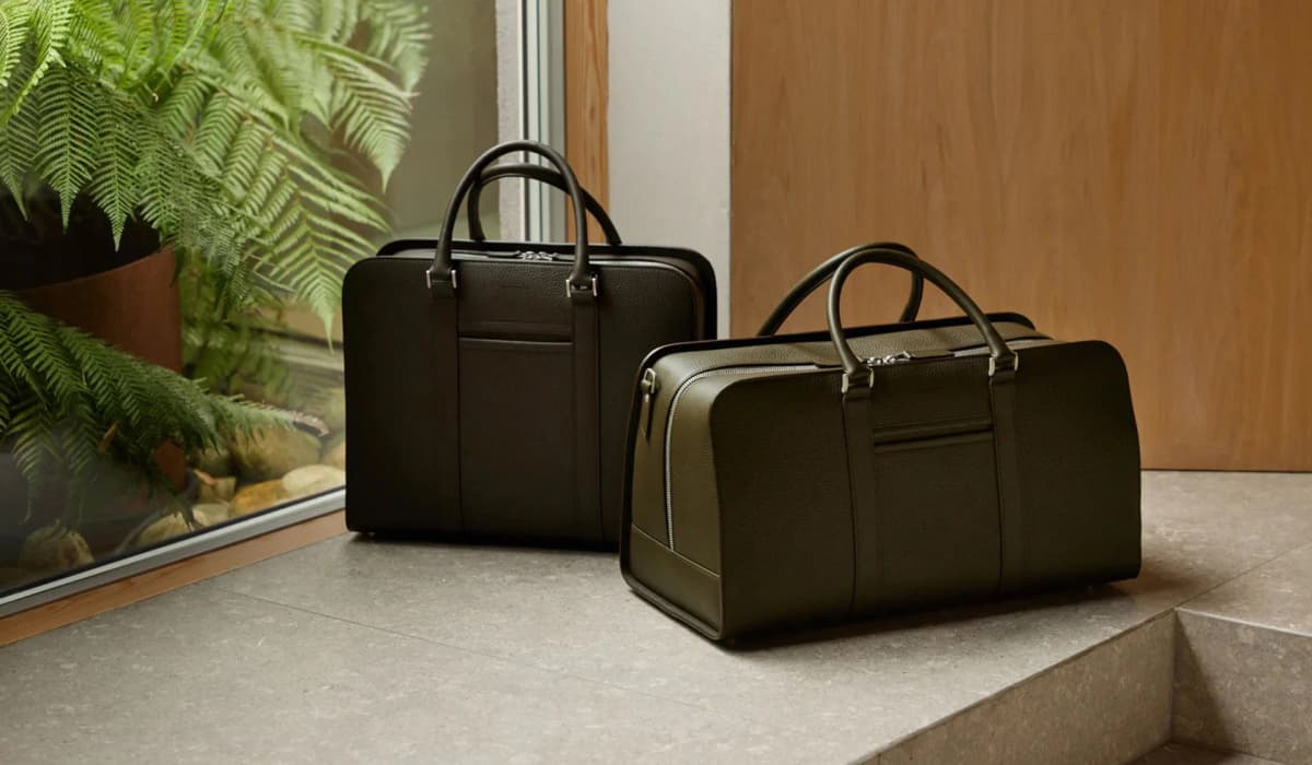 Luxury leather handbags in a modern setting